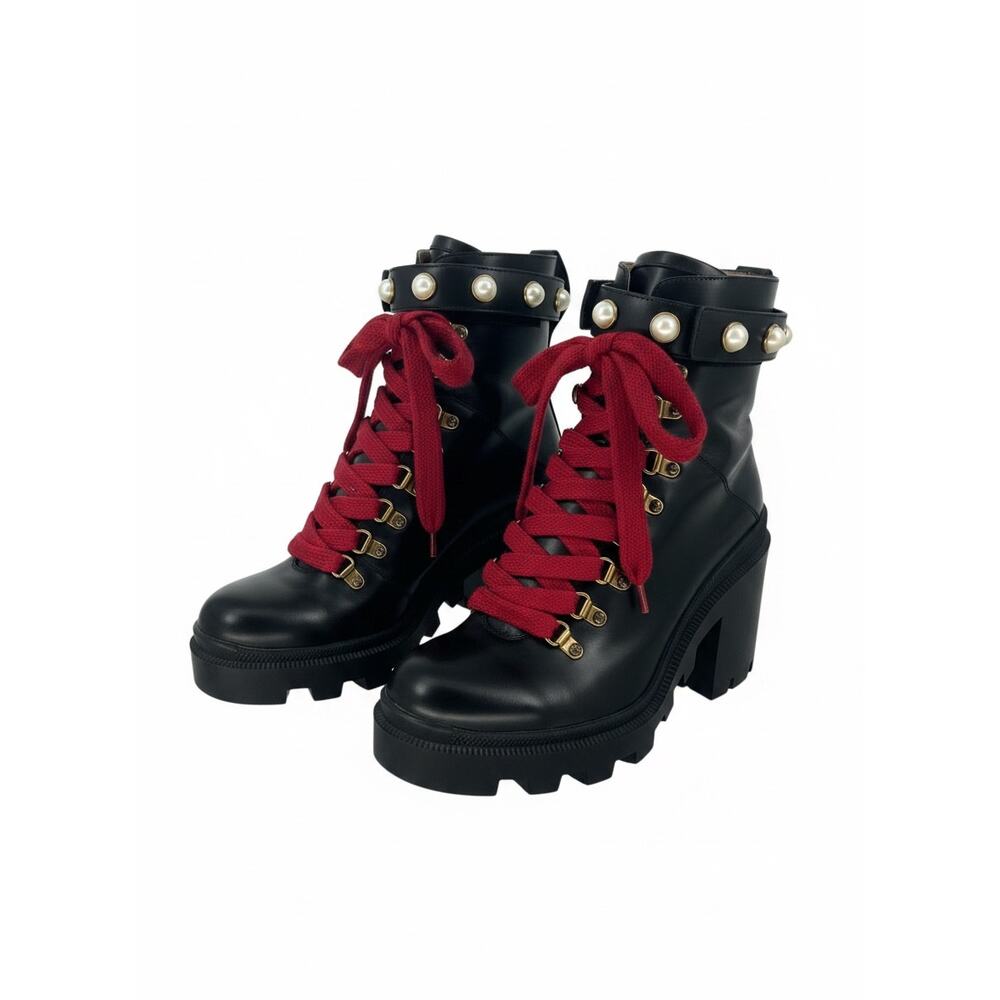 Gucci Magnum Pearl Combat Boots Black Leather Platform Ankle Boots Size 38.5